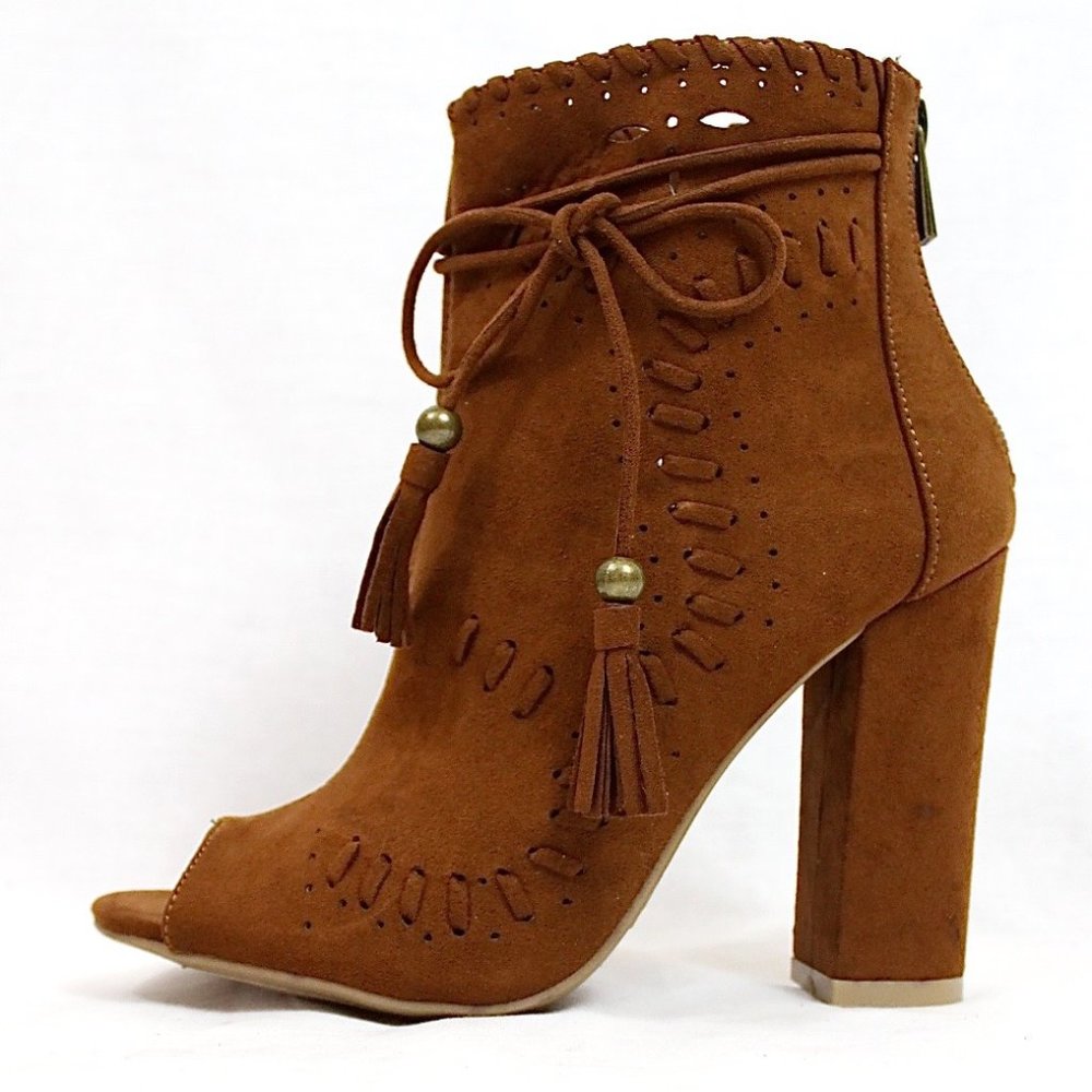 Open Toe Perforated Tassel Dress Bootie